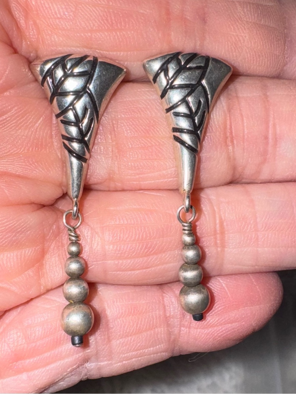 Vintage Tribal Sterling Triangle Long Dangle, Signed